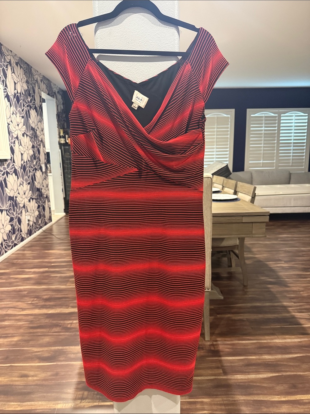 ECI Red & Black Striped Midi Sheath Dress
